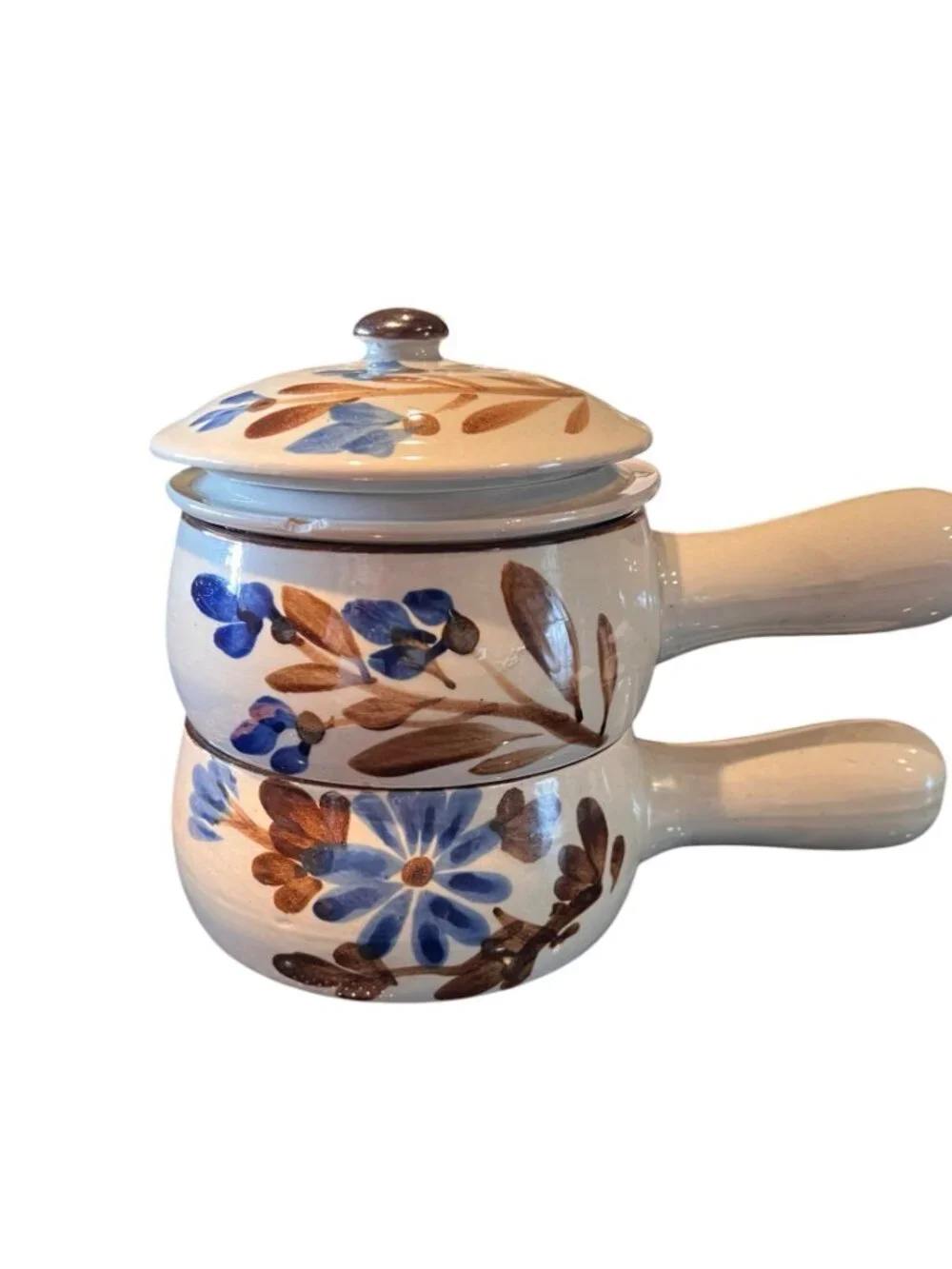 Ceramic Soup Bowls Lids & Handles Speckled Gray Blue Floral Ovenproof Set Of 2